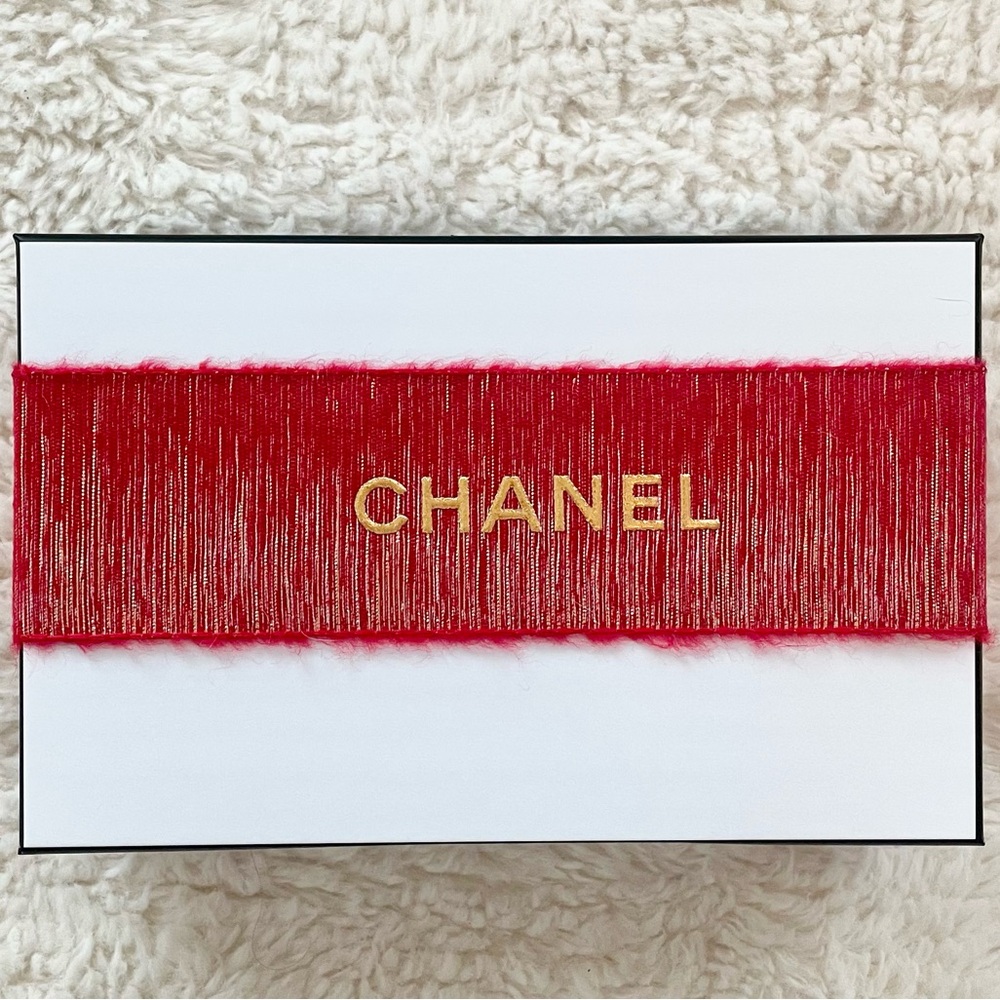 CHANEL Holiday Red Ribbon-White Lid Box & CHANEL Printed Tissue Paper 8.75”x5.5”